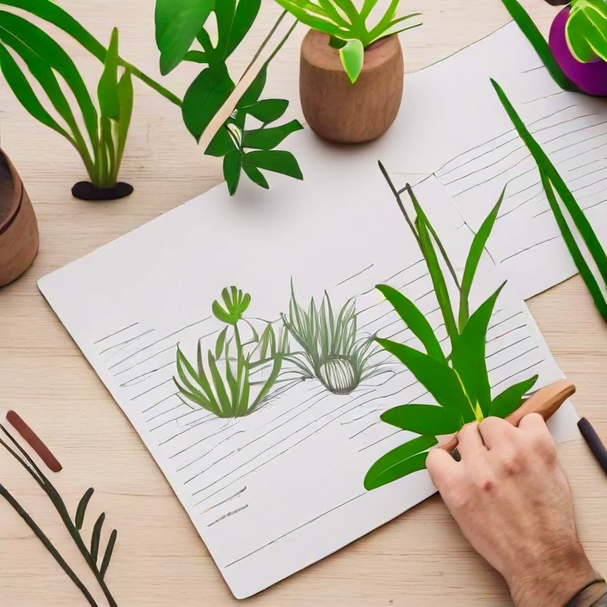 Mãos desenhando o planejamento de um jardim em um caderno sobre uma mesa de madeira.