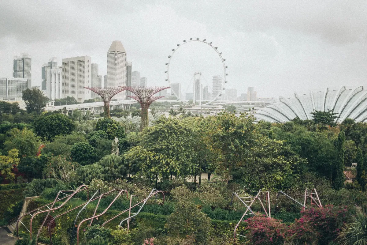 Lush greenery meets urban skyline at Singapore's Gardens by the Bay with the Singapore Flyer in view.