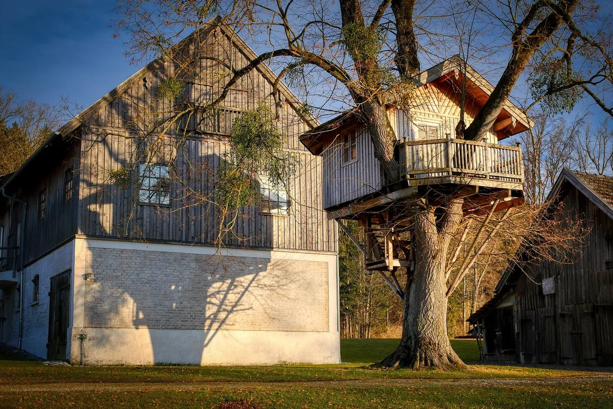 treehouse, barn, farm yard, wood, tree, house, children, nature, agriculture, tree trunk, shelter, landscape